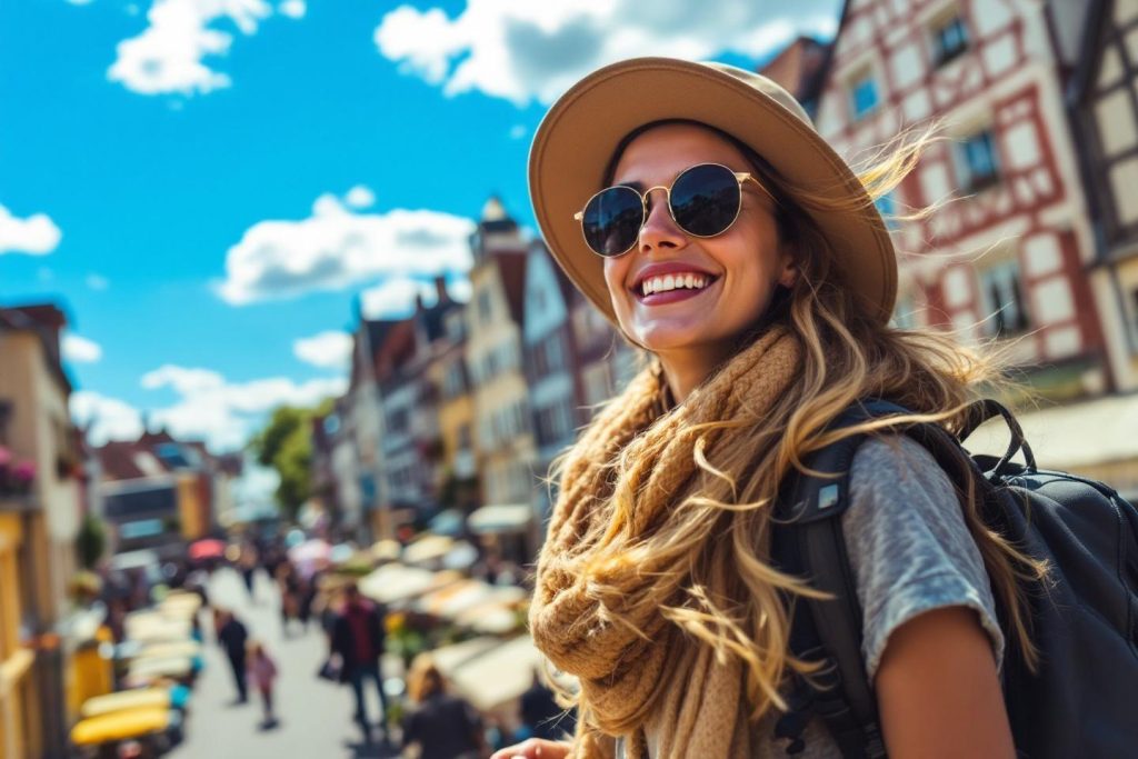 Femme souriante avec chapeau et lunettes de soleil en balade