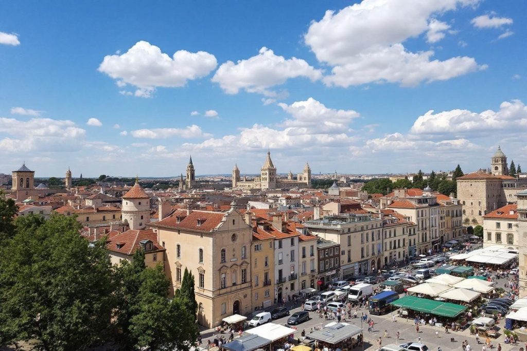 Paysage urbain avec toits rouges, monuments et ciel bleu nuageux