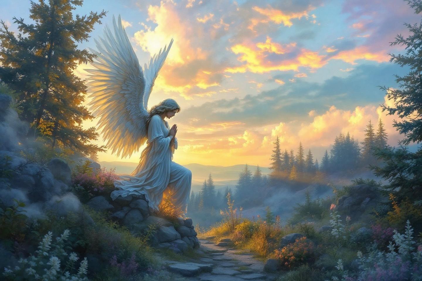 Ange aux ailes d&eacute;ploy&eacute;es m&eacute;ditant dans un paysage forestier brumeux