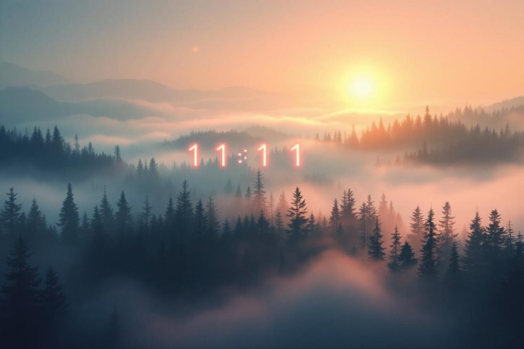 Forêt brumeuse au lever du soleil avec chiffres lumineux