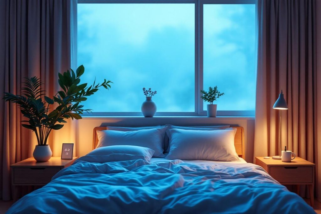 Chambre calme avec plantes, lumière douce et vue sur ciel bleu