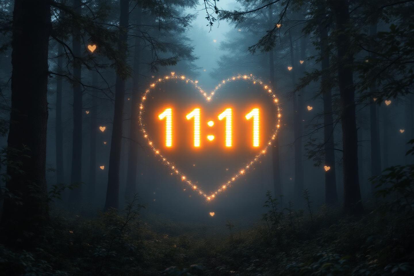 Cœur brillant avec 11:11 dans une forêt brumeuse nocturne