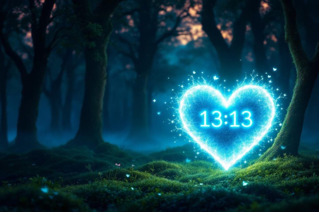 Cœur bleu brillant avec l'heure 13:13 dans une forêt mystérieuse