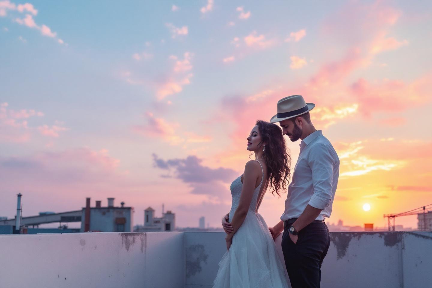 Mari&eacute;s enlac&eacute;s sur un toit au cr&eacute;puscule color&eacute;