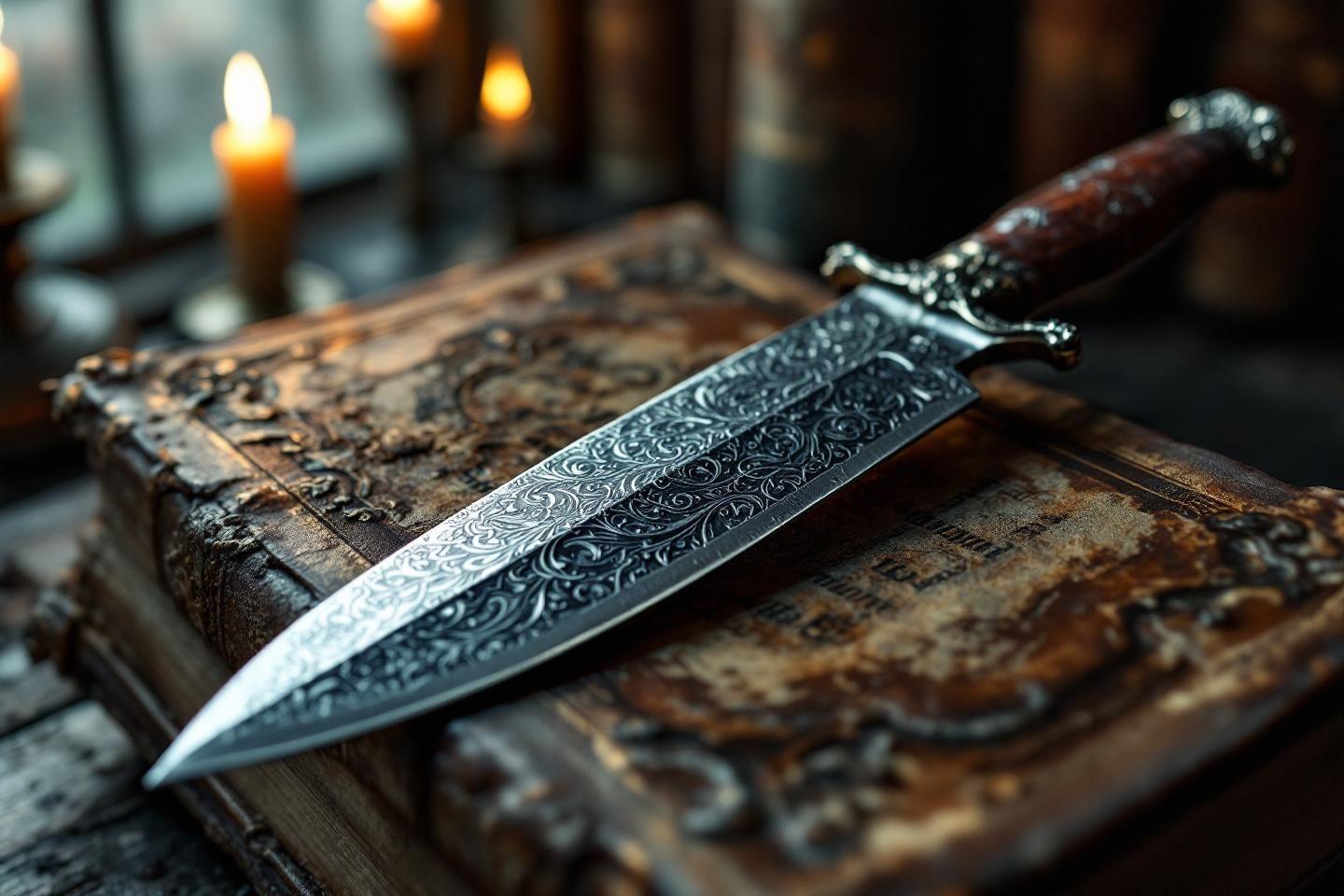 Poignard d&eacute;coratif sur un vieux livre &agrave; c&ocirc;t&eacute; de bougies