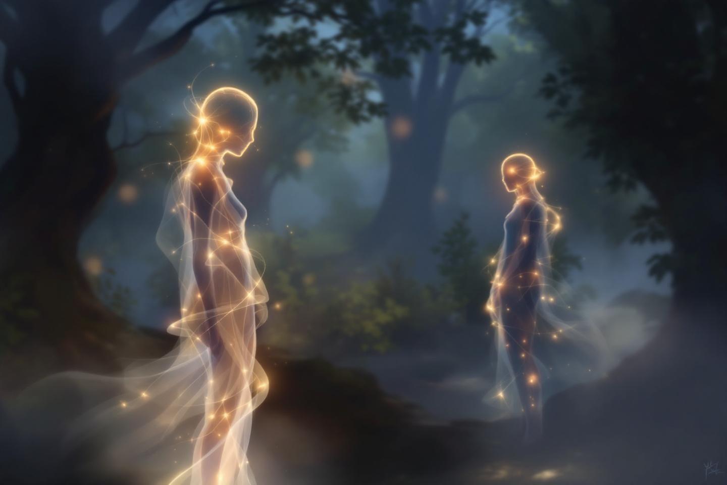 Deux silhouettes lumineuses &eacute;th&eacute;r&eacute;es dans un paysage forestier brumeuse