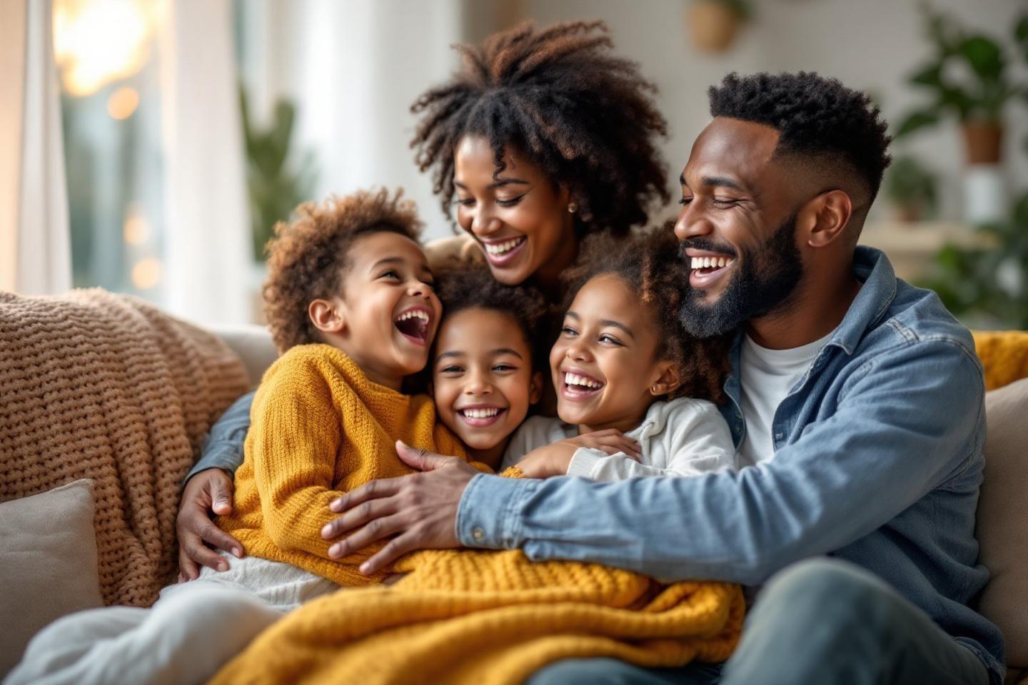 Parents et enfants souriants enlac&eacute;s sur un canap&eacute;