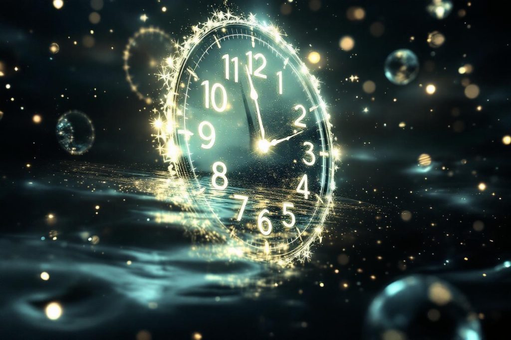 Horloge brillante flottant dans un univers mystérieux et scintillant