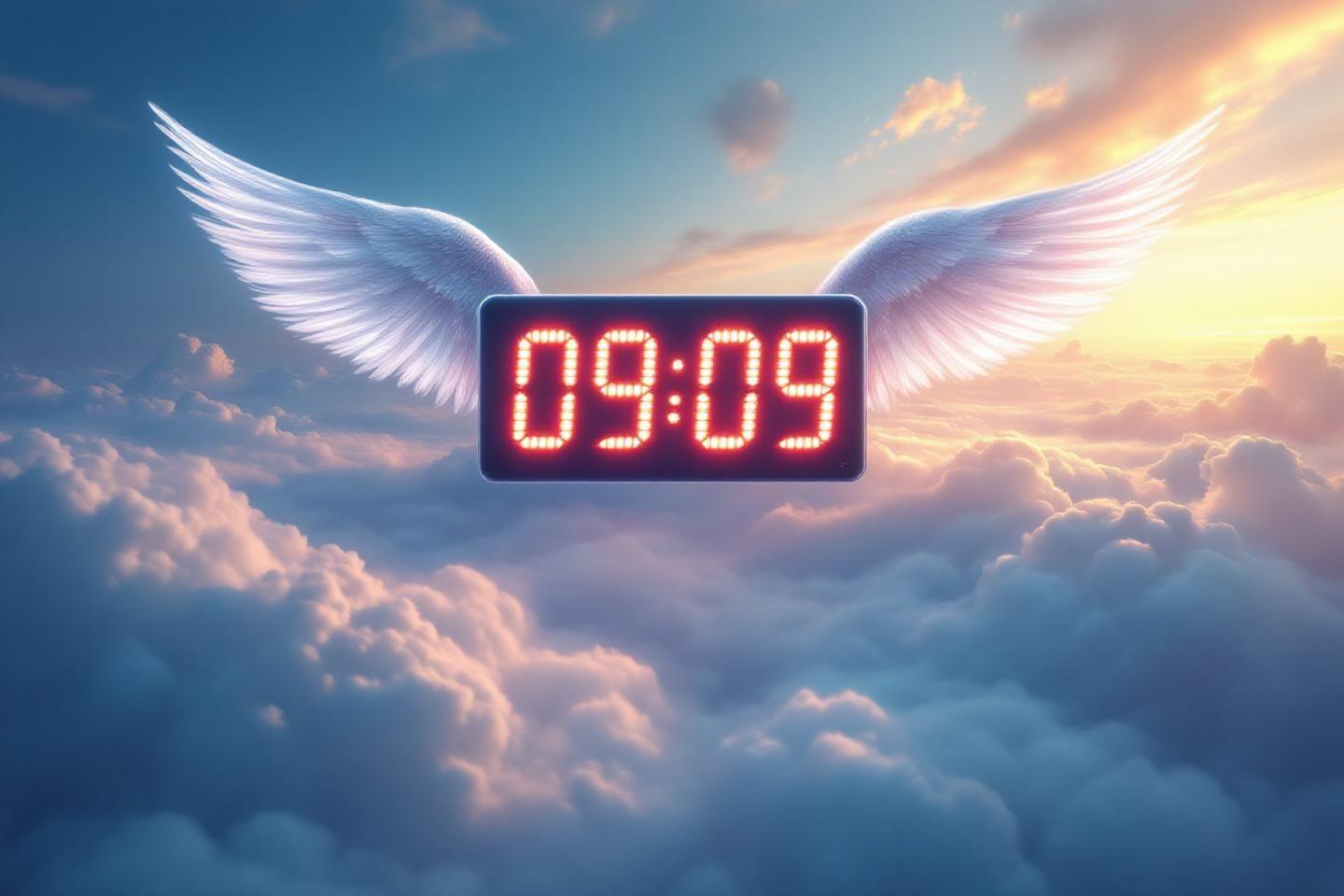 Horloge numérique rouge avec des ailes célestes parmi les nuages