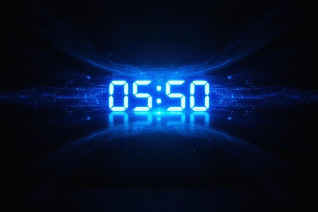 Affichage numérique bleu de l'heure 05:50 avec effet technologique