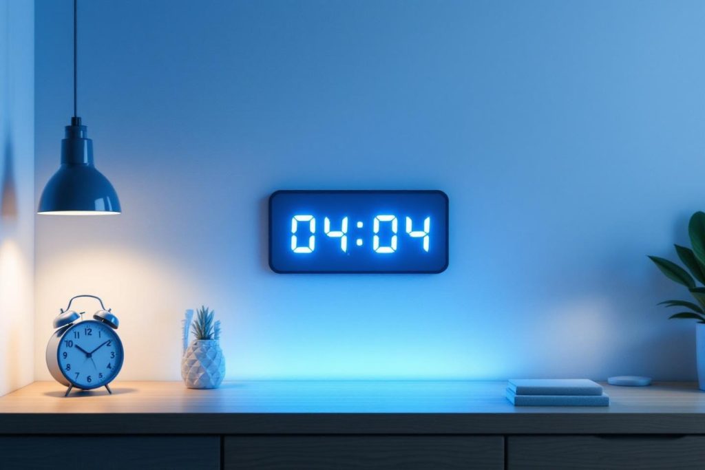 Bureau bleu avec horloge numérique, réveil et lampe de bureau