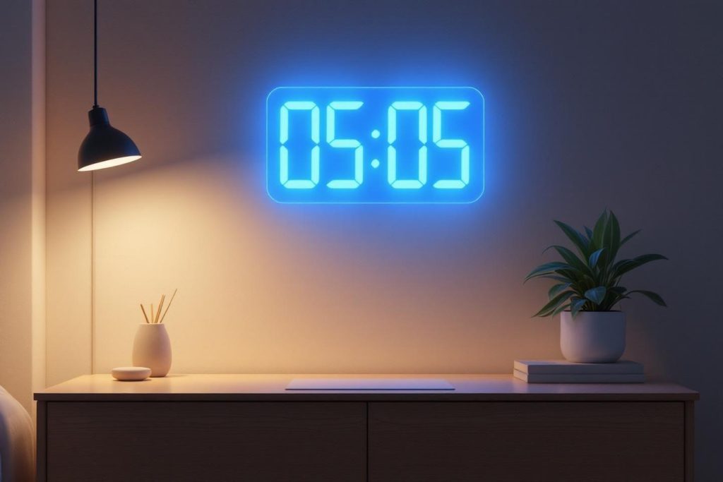 Intérieur moderne avec horloge numérique bleue sur un buffet