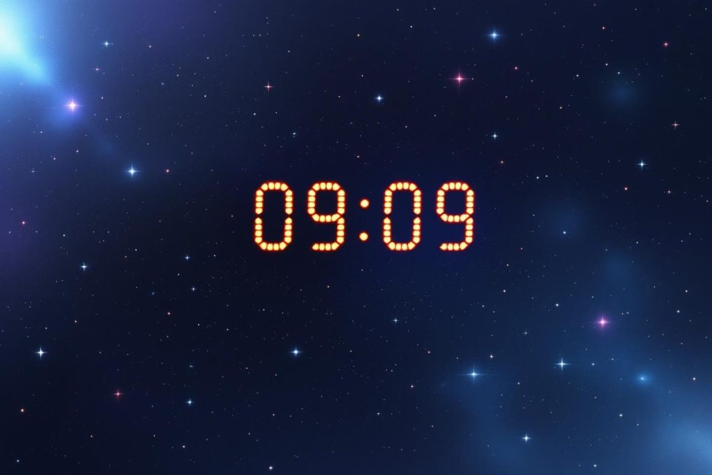 Chiffres numériques 09:09 sur un fond étoilé bleu sombre