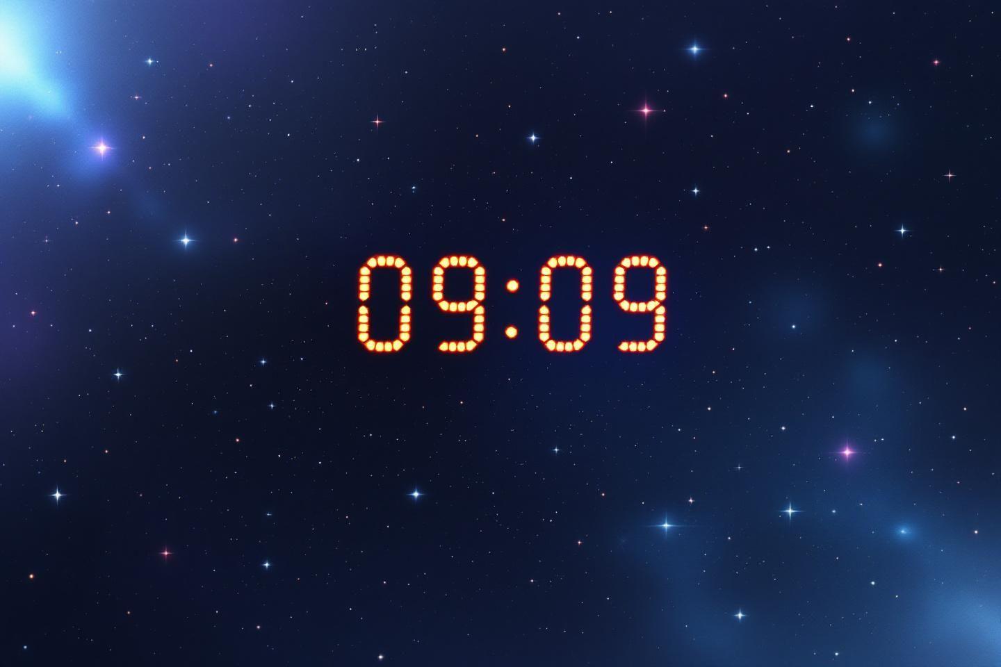Chiffres numériques 09:09 sur un fond étoilé bleu sombre