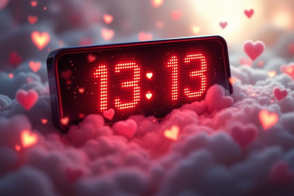 Horloge numérique rouge affichant 13h13 parmi des nuages en cœurs