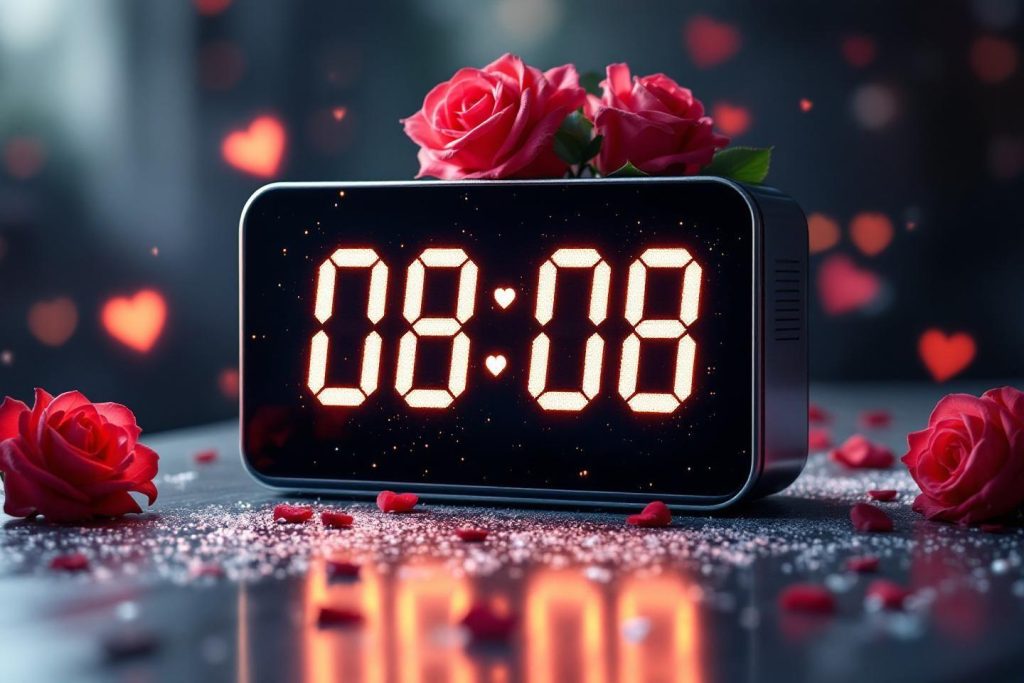 Horloge digitale entourée de roses rouges sur fond scintillant