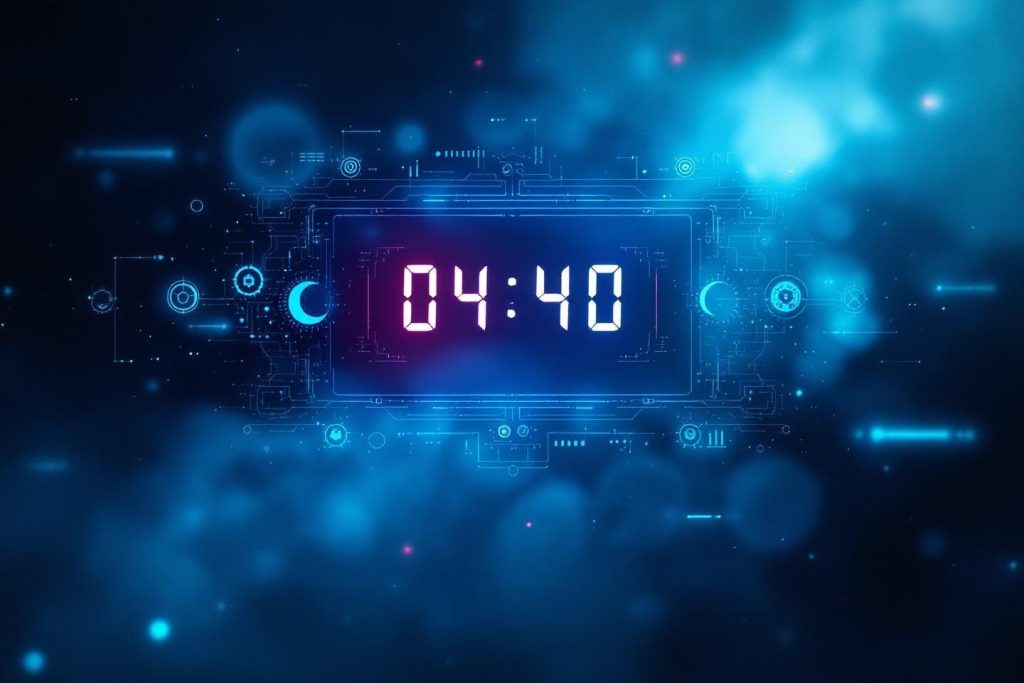Affichage digital 04:40 sur fond technologique bleu et cyan
