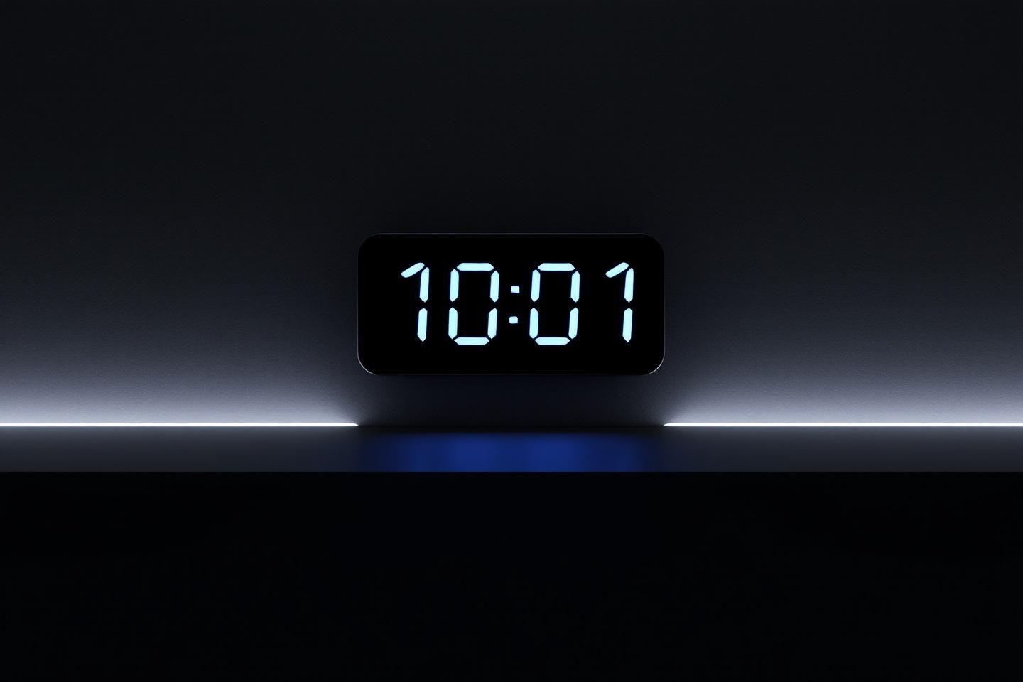 Affichage digital d'une horloge électronique montrant 10:01