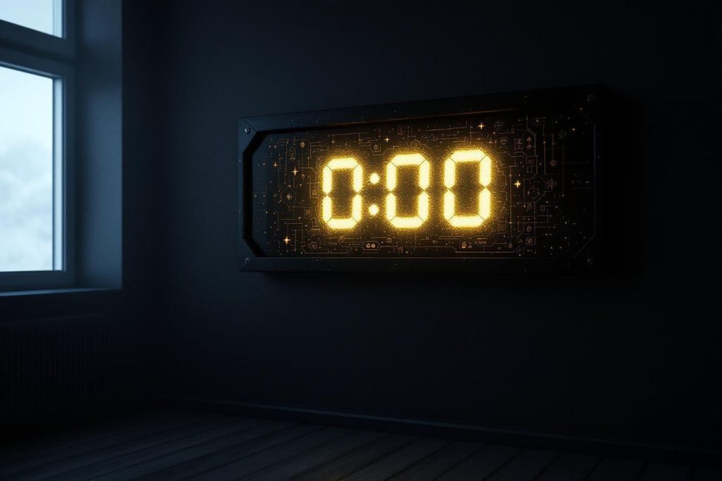 Écran d'horloge numérique affichant 0:00 dans une pièce sombre