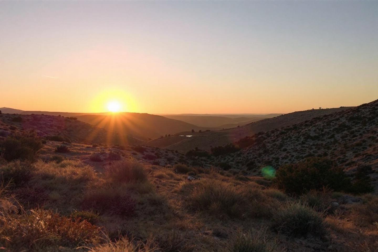Soleil brillant sur un paysage de collines rocheuses et arbustives