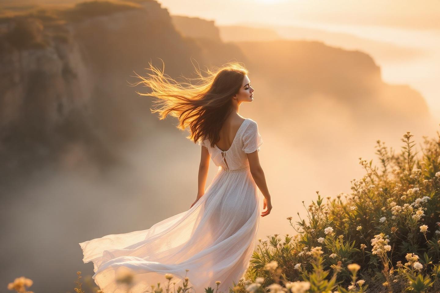 Femme en robe blanche, cheveux au vent, dominant un paysage brumeux