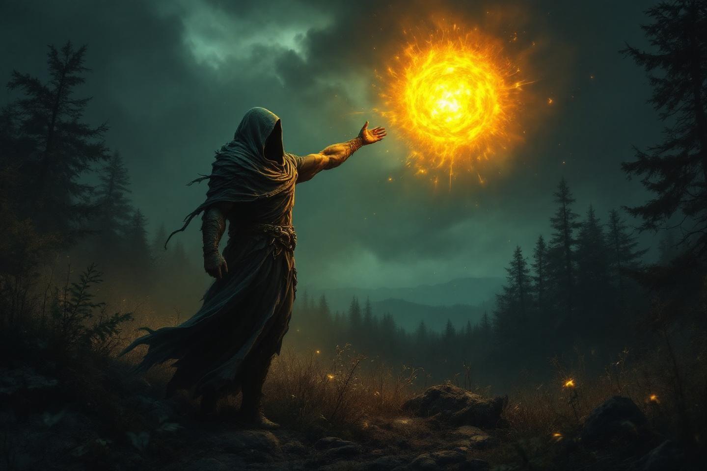 Figure encapuchonn&eacute;e cr&eacute;ant une boule de feu lumineuse