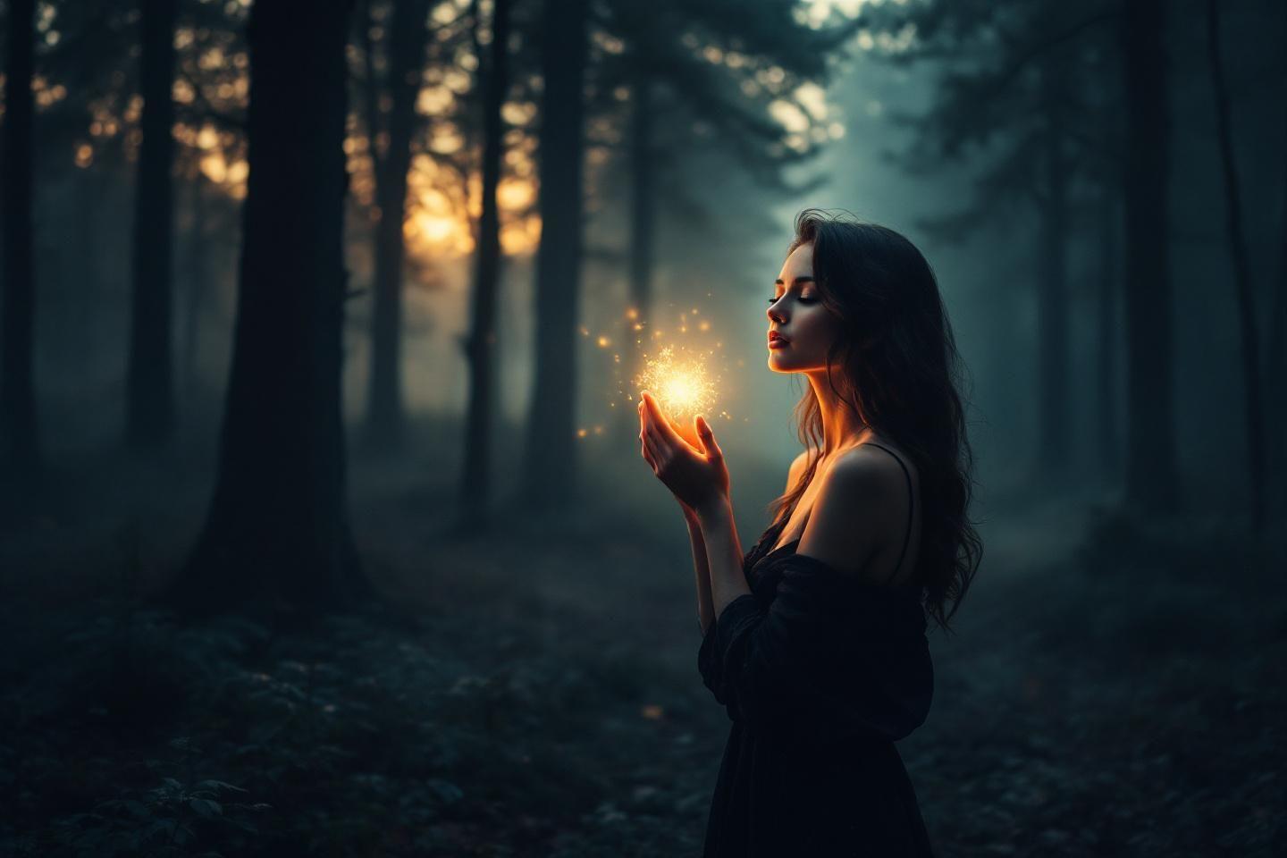 Silhouette avec une lueur magique dans une for&ecirc;t myst&eacute;rieuse