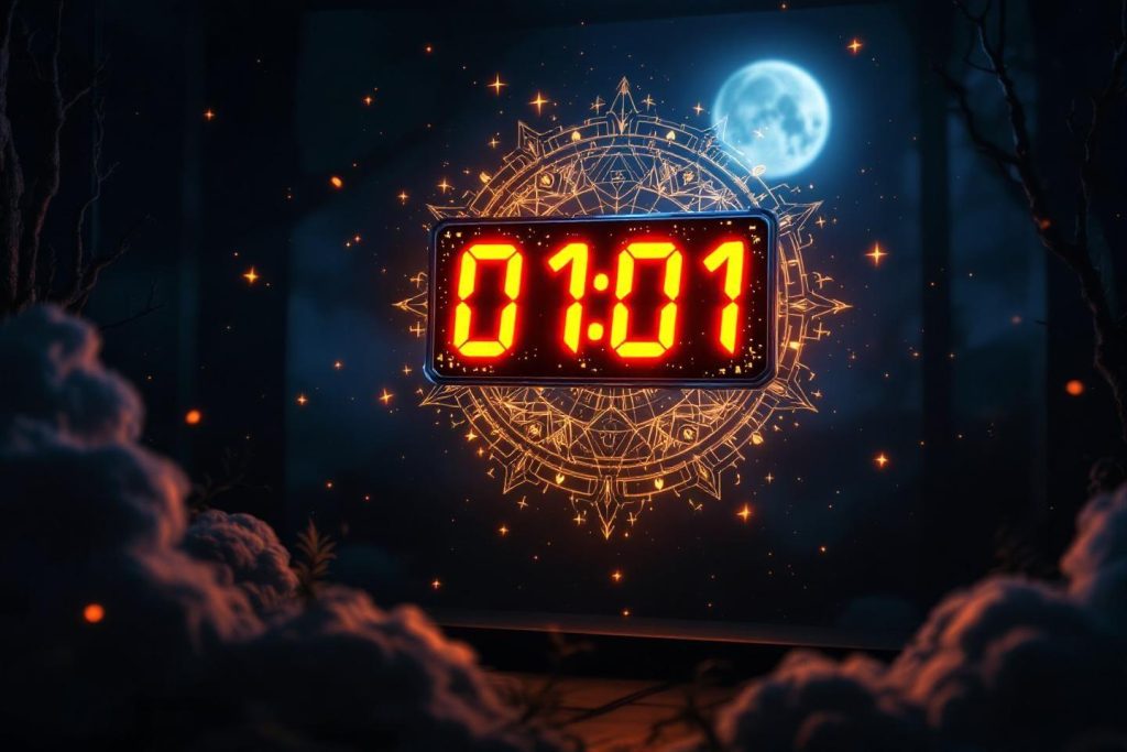 Horloge digital minuit, fond étoilé avec lune et ornements mystiques