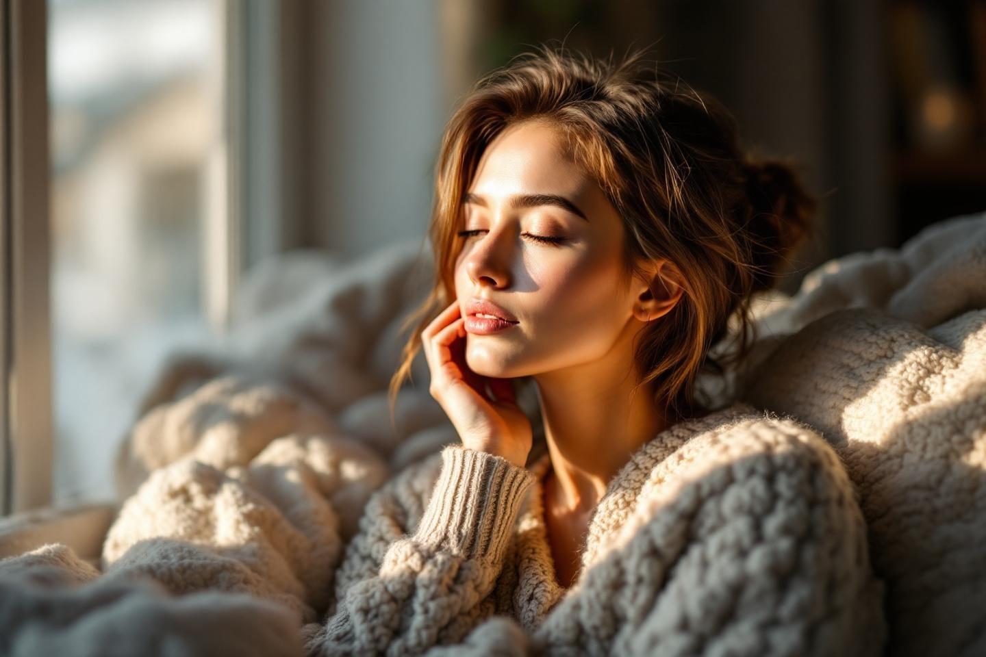 Jeune femme en pull douillet, yeux ferm&eacute;s, lumi&egrave;re douce