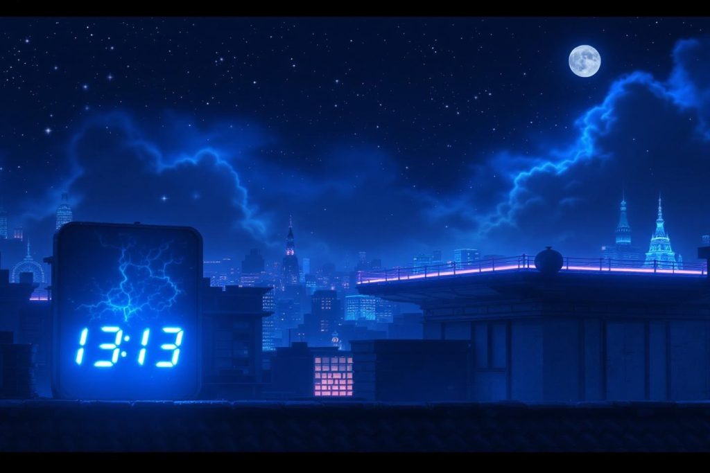 Paysage urbain nocturne avec horloge numérique et lune brillante