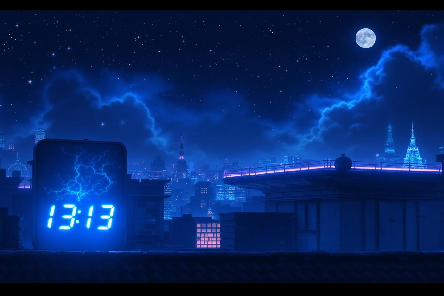 Paysage urbain nocturne avec horloge numérique et lune brillante