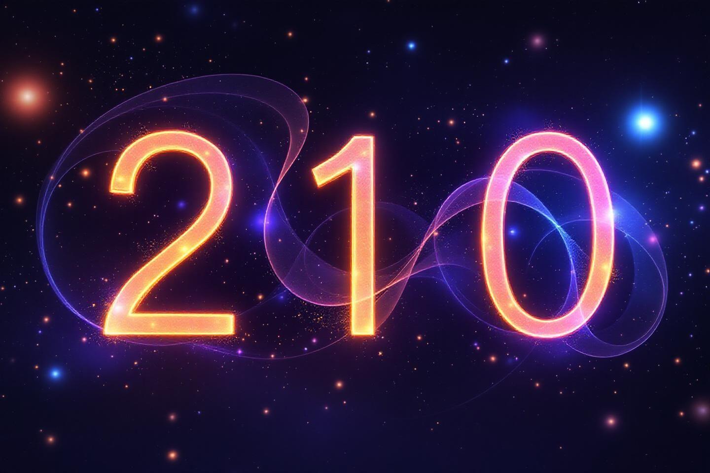 Chiffres lumineux 210 flottant dans un ciel &eacute;toil&eacute; violet