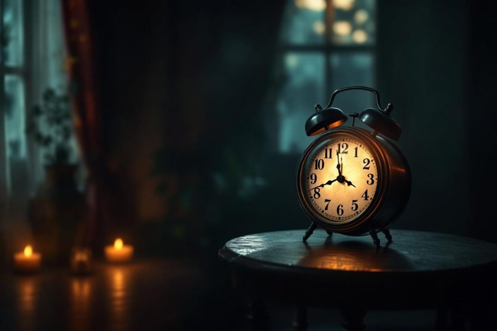 Ancien réveil vintage éclairé sur table sombre avec bougies
