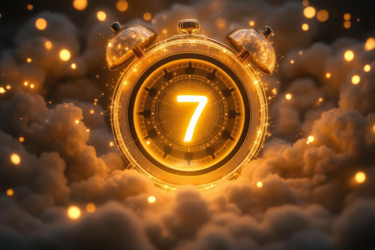 R&eacute;veil lumineux avec chiffre 7 flottant dans les nuages dor&eacute;es