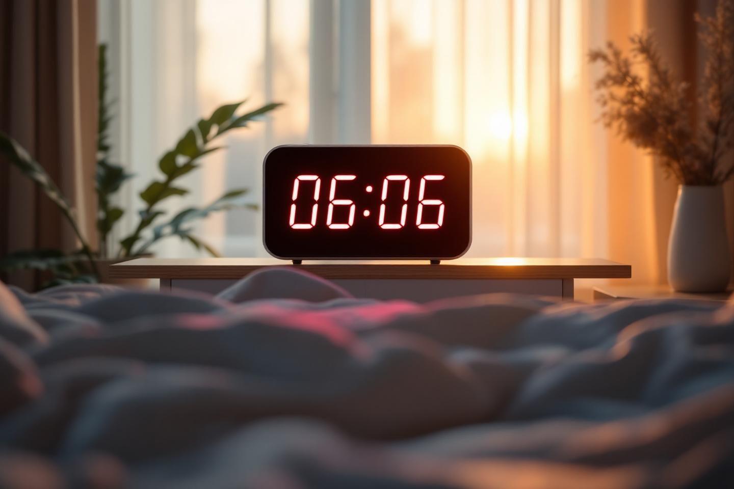 Horloge digitale affichant 06:06 sur une table près d'un lit