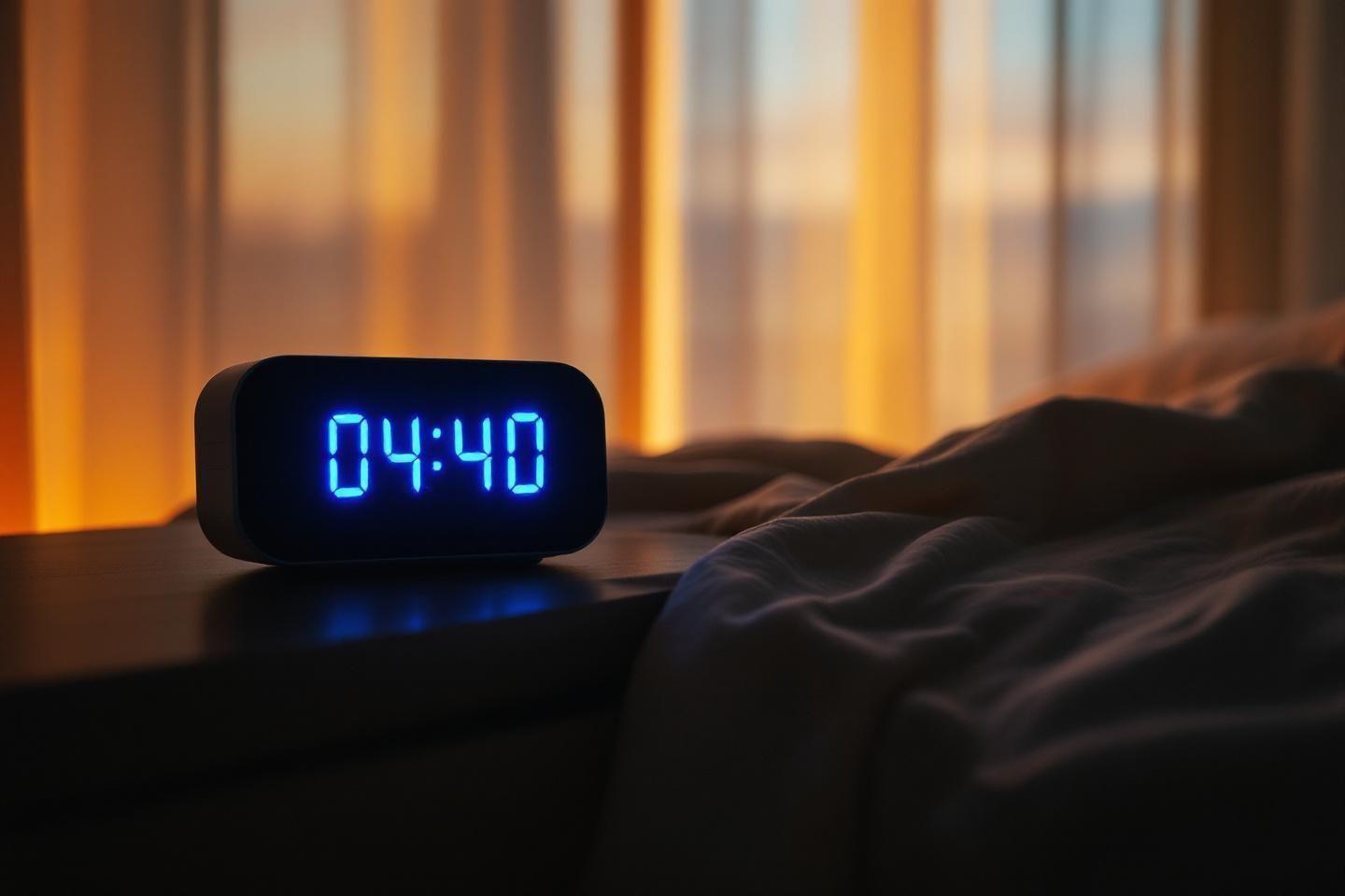Horloge num&eacute;rique affichant 4h40 pr&egrave;s d'un lit au lever du jour