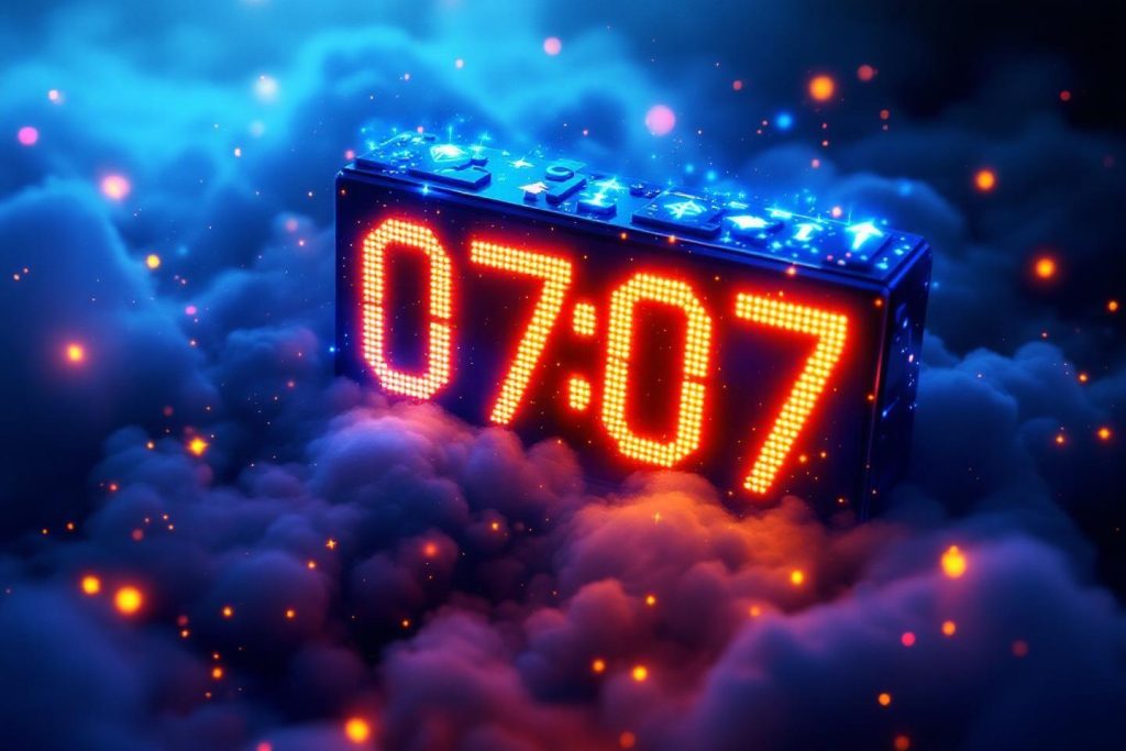 Horloge numérique rouge sur fond de nuages bleus et particules