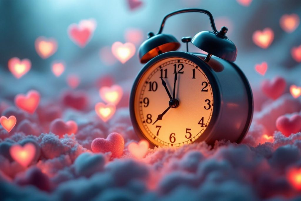 Réveil vintage entouré de cœurs lumineux sur fond givré