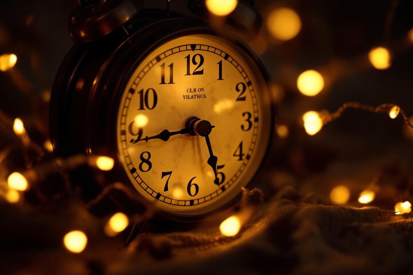 Horloge ancienne avec lumi&egrave;res floues en arri&egrave;re-plan