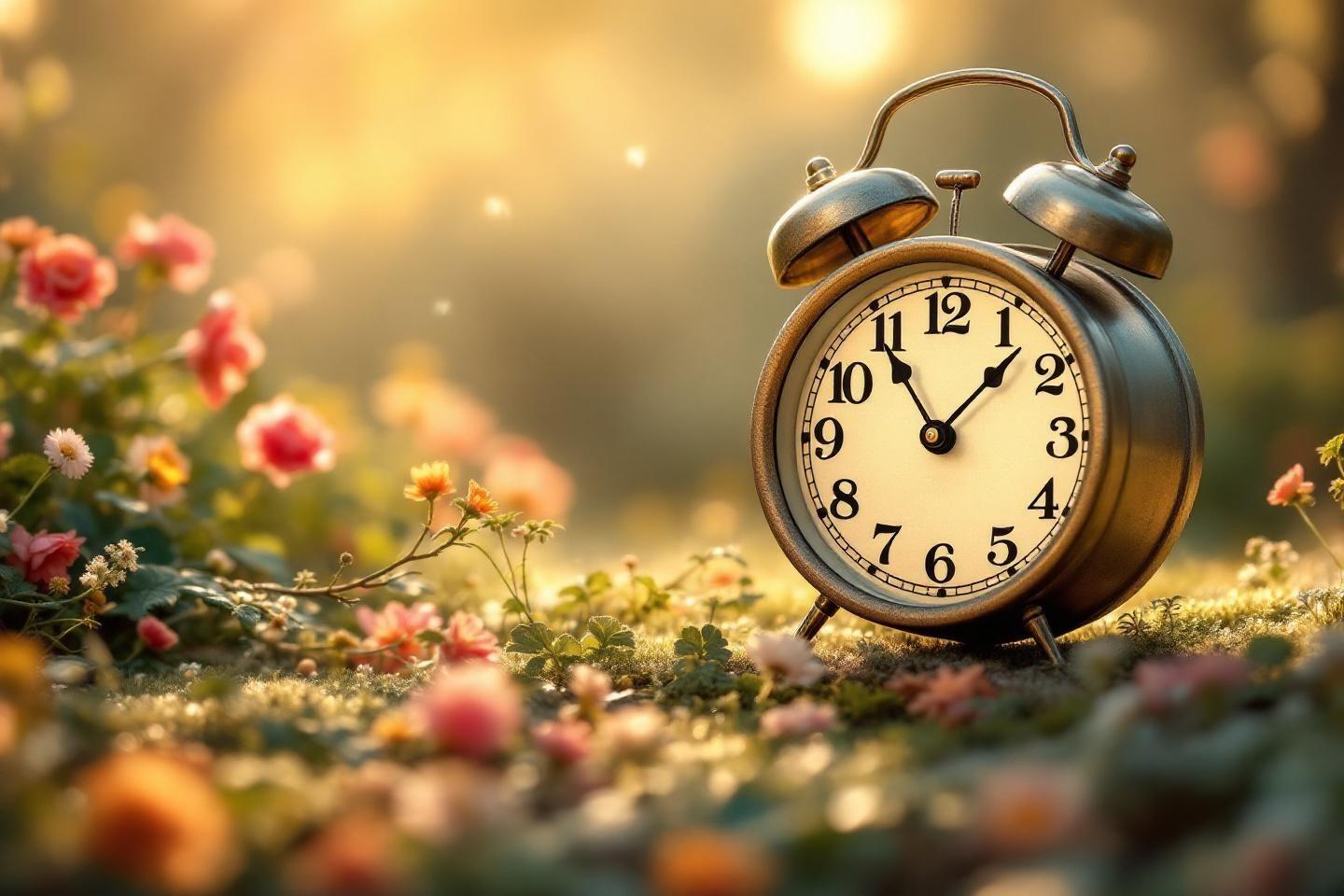 Horloge r&eacute;tro pos&eacute;e sur une moquette de fleurs color&eacute;es