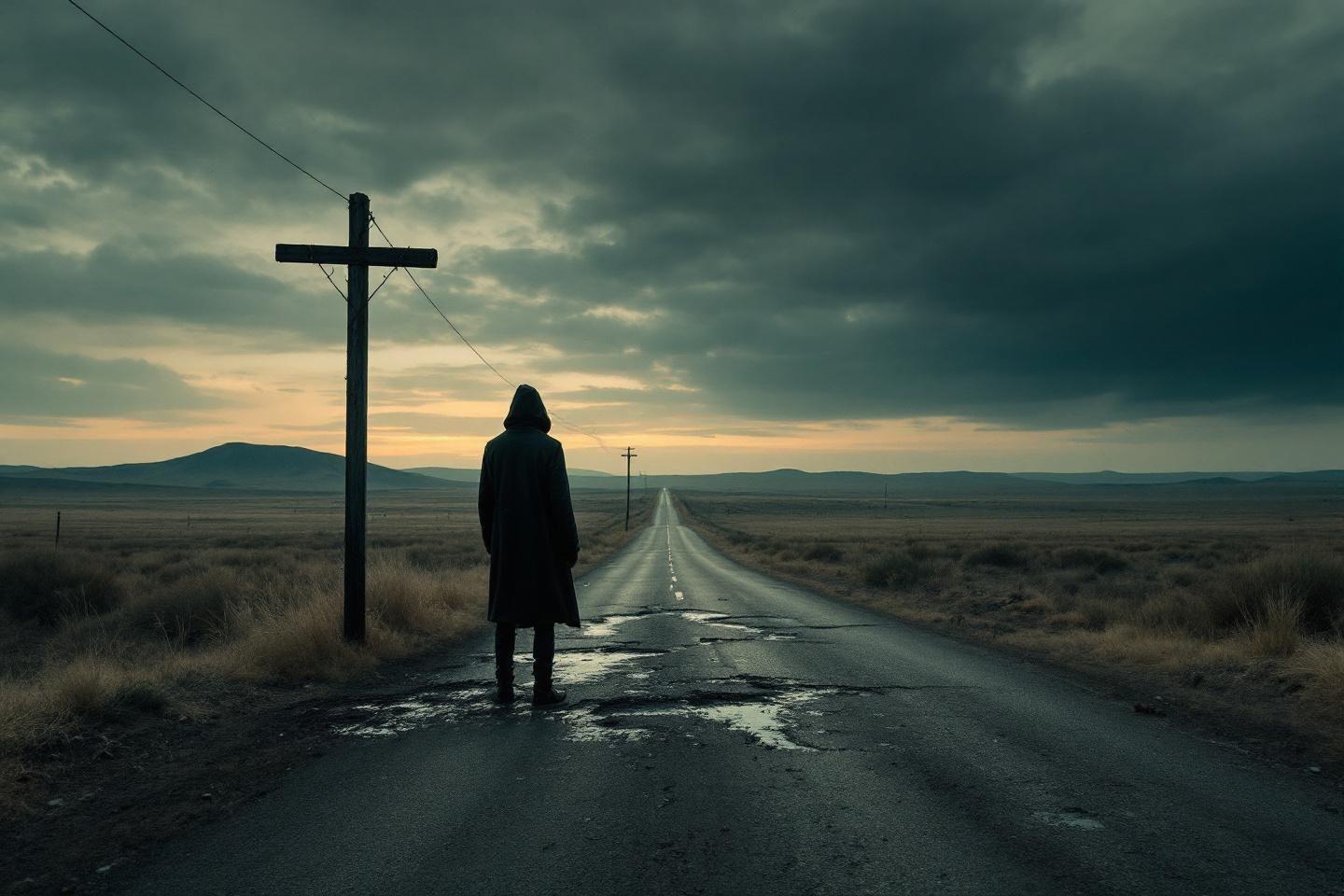 Silhouette sur route d&eacute;serte avec poteaux &eacute;lectriques