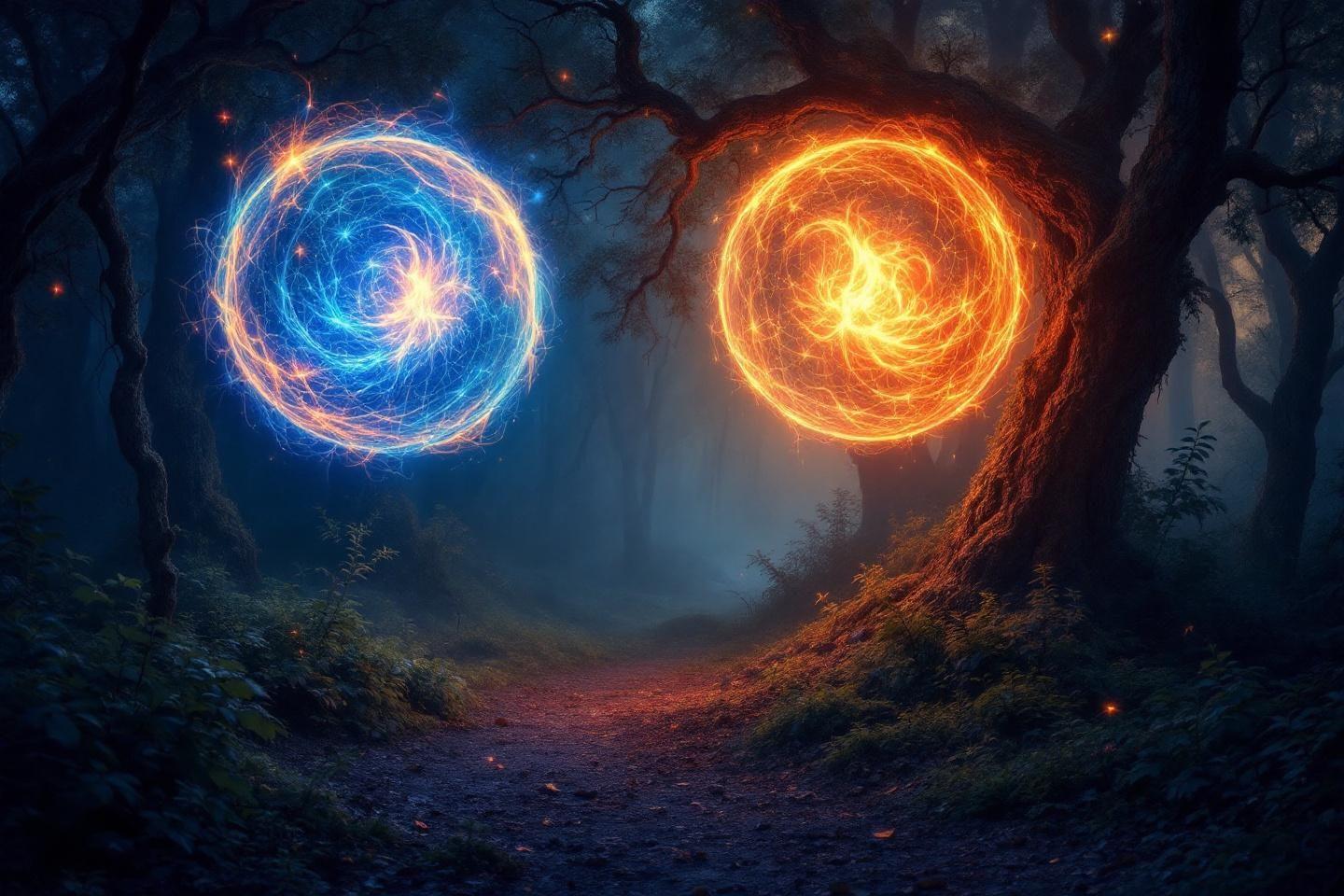 Deux boules &eacute;nerg&eacute;tiques bleue et orange pr&egrave;s d'un arbre sombre