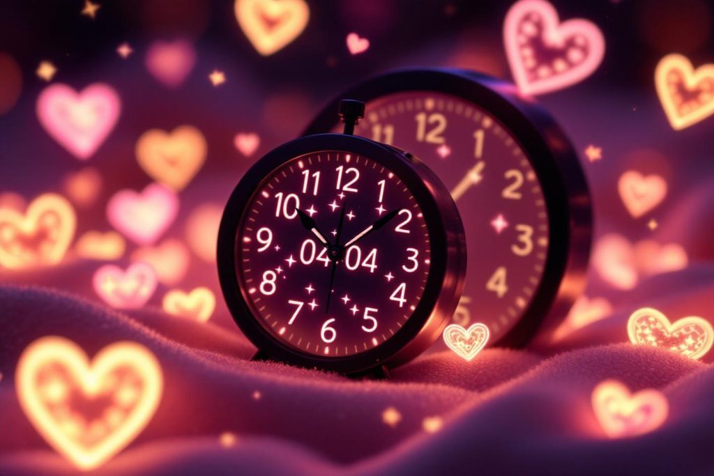 Horloge sur tissu rose avec cœurs lumineux en arrière-plan