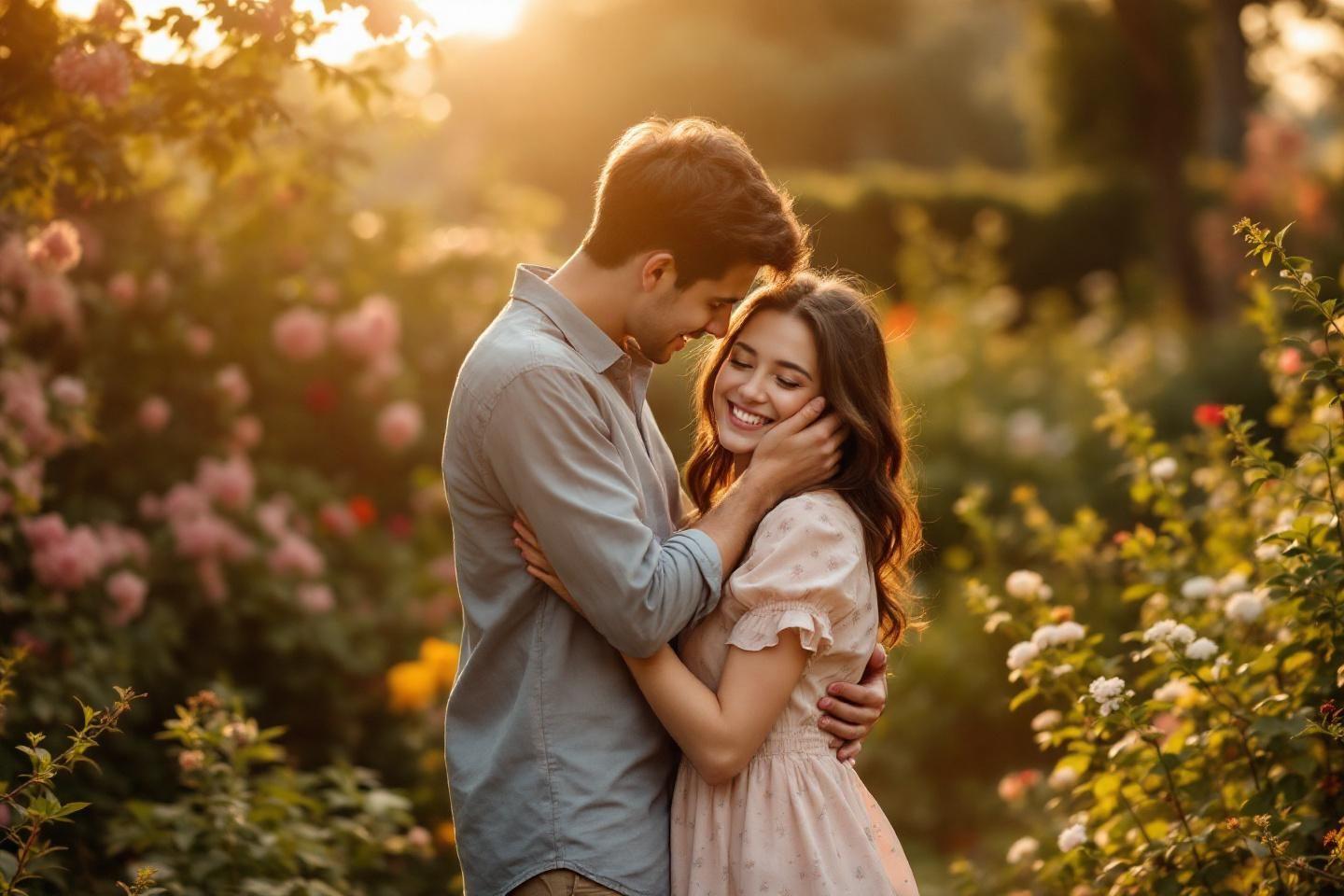 Couple amoureux enlac&eacute; dans un jardin fleuri au coucher de soleil
