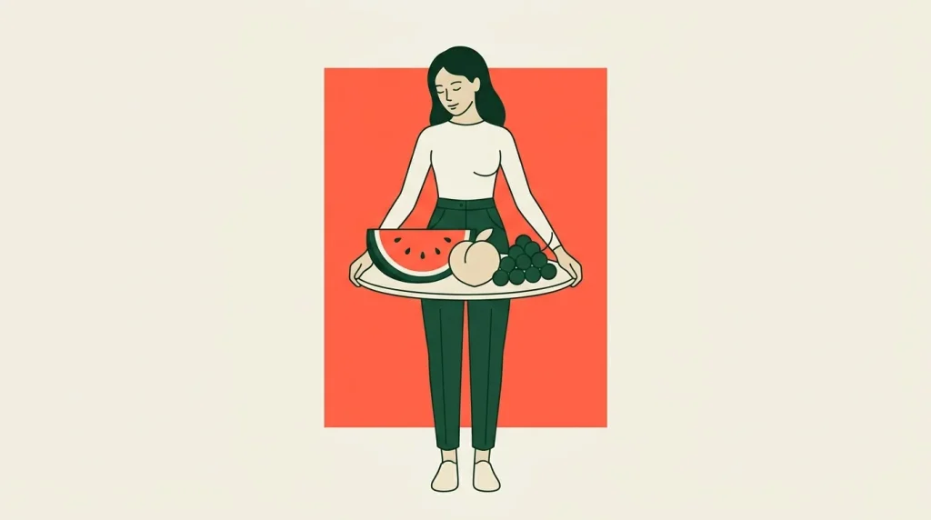 Femme tenant un plateau de fruits colorés et frais