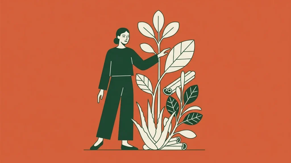 Femme en vert touchant une plante stylisée en croissance