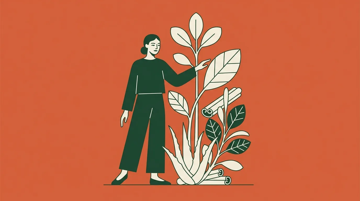 Femme en vert touchant une plante stylisée en croissance