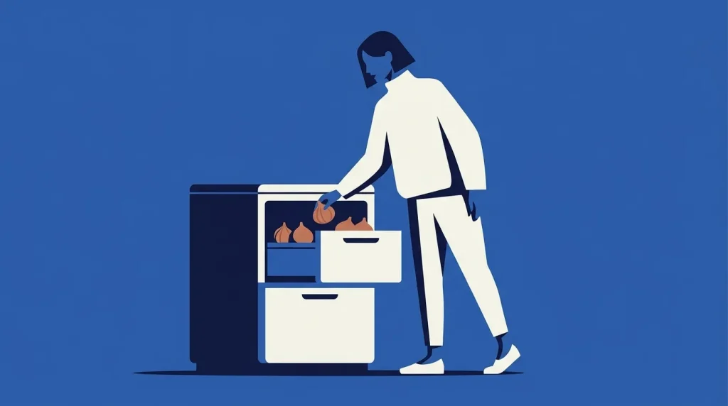 Illustration femme arrangeant aliments dans réfrigérateur bleu