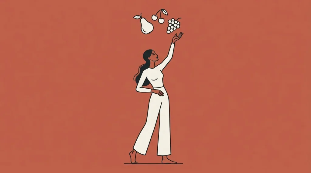 Femme en blanc levant bras vers fruits suspendus