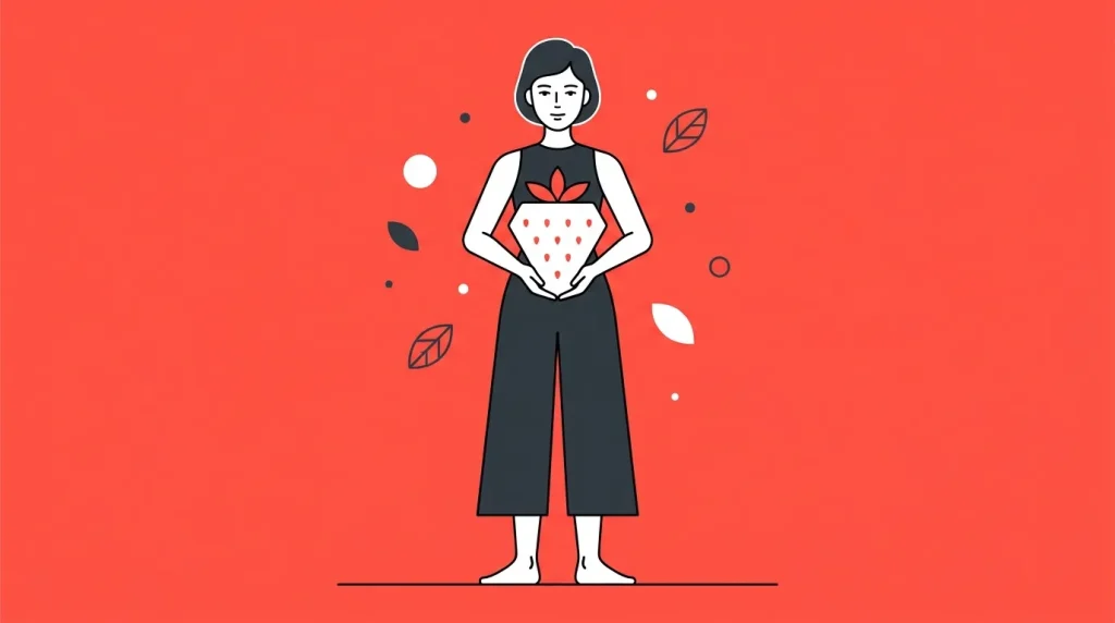 Femme avec fraise géante sur fond rouge